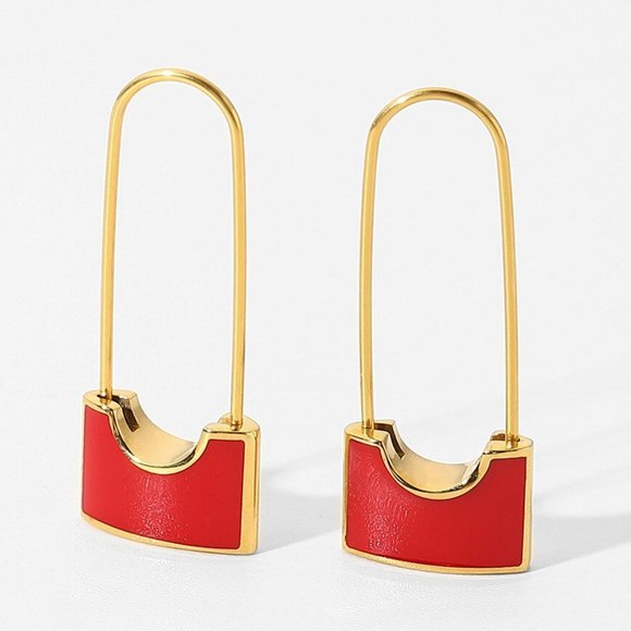 Red Safety Pin Lock‎ Drop Dangle Earrings 18K Gold Plated Stainless Steel - Picture 1 of 10